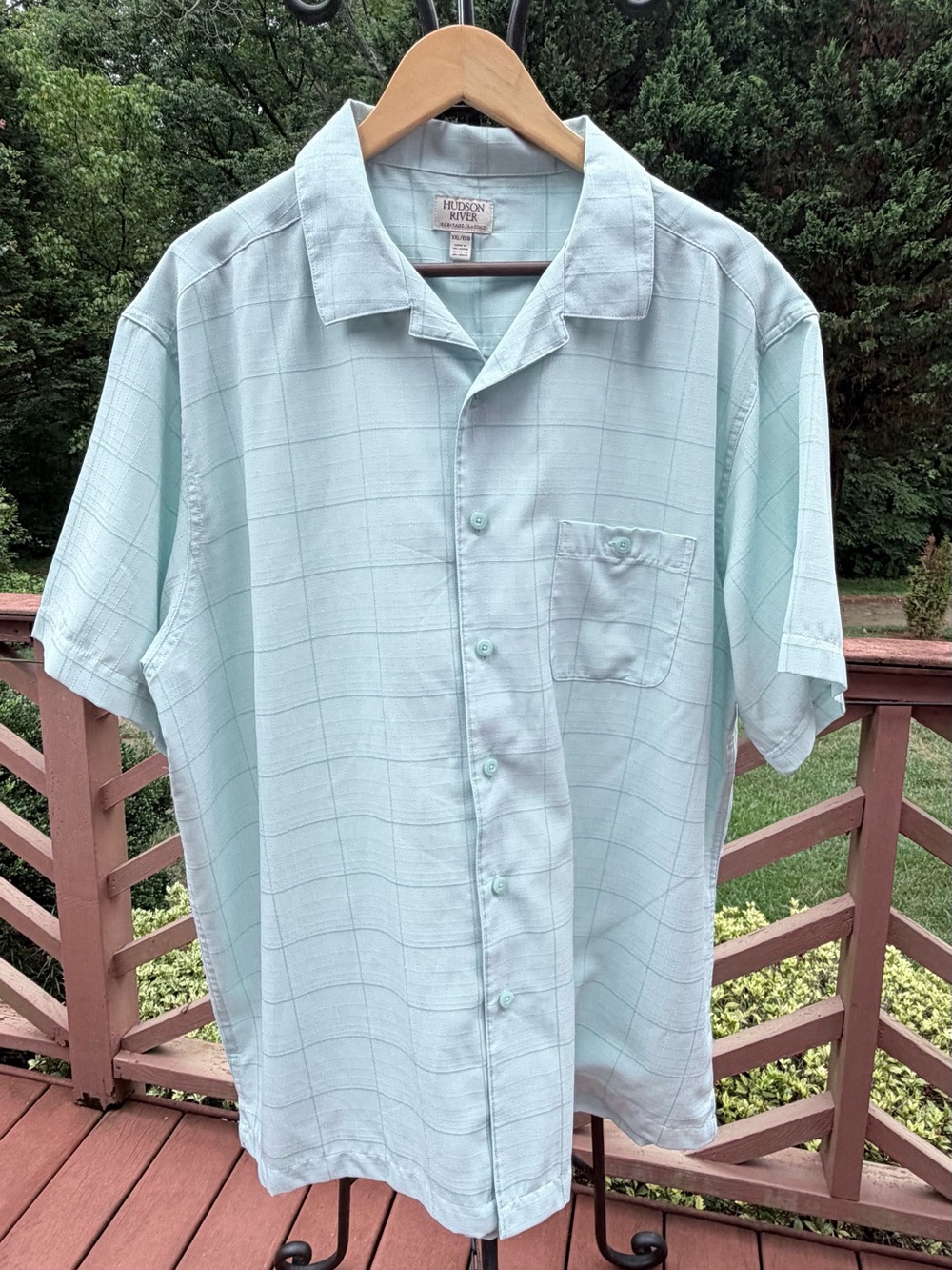 light blue Hudson River brand short-sleeve shirt features a subtle grid pattern